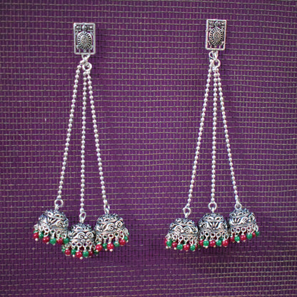 Turtle Kashmiri Latkan Triple German Silver Jhumki Earrings - GlitterGleam
