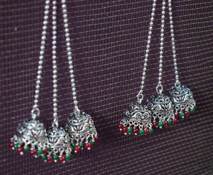Turtle Kashmiri Latkan Triple German Silver Jhumki Earrings - GlitterGleam