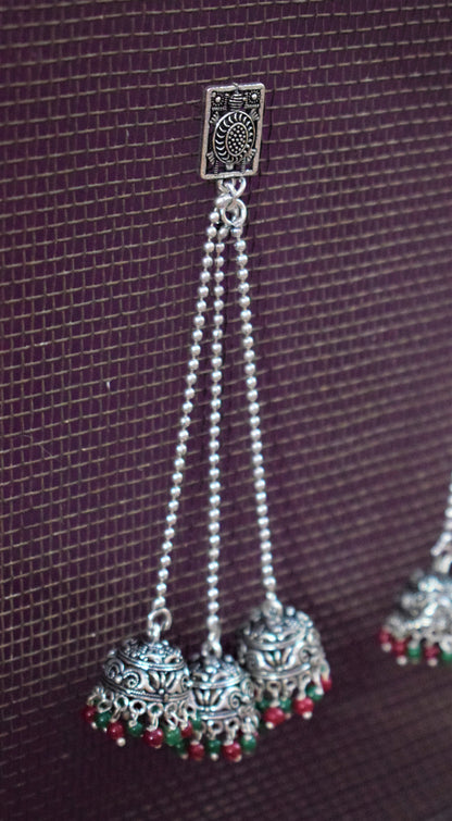Turtle Kashmiri Latkan Triple German Silver Jhumki Earrings - GlitterGleam