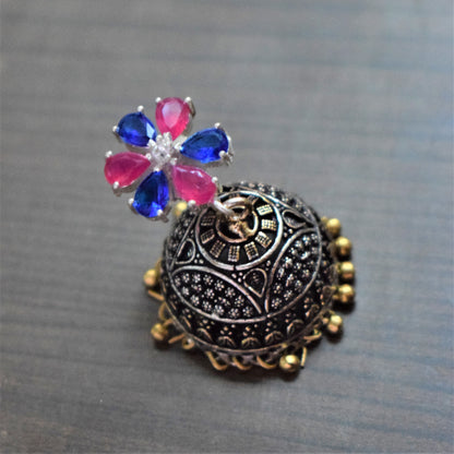 Crystal Floral Stud German Silver Dual Tone Jhumki - GlitterGleam