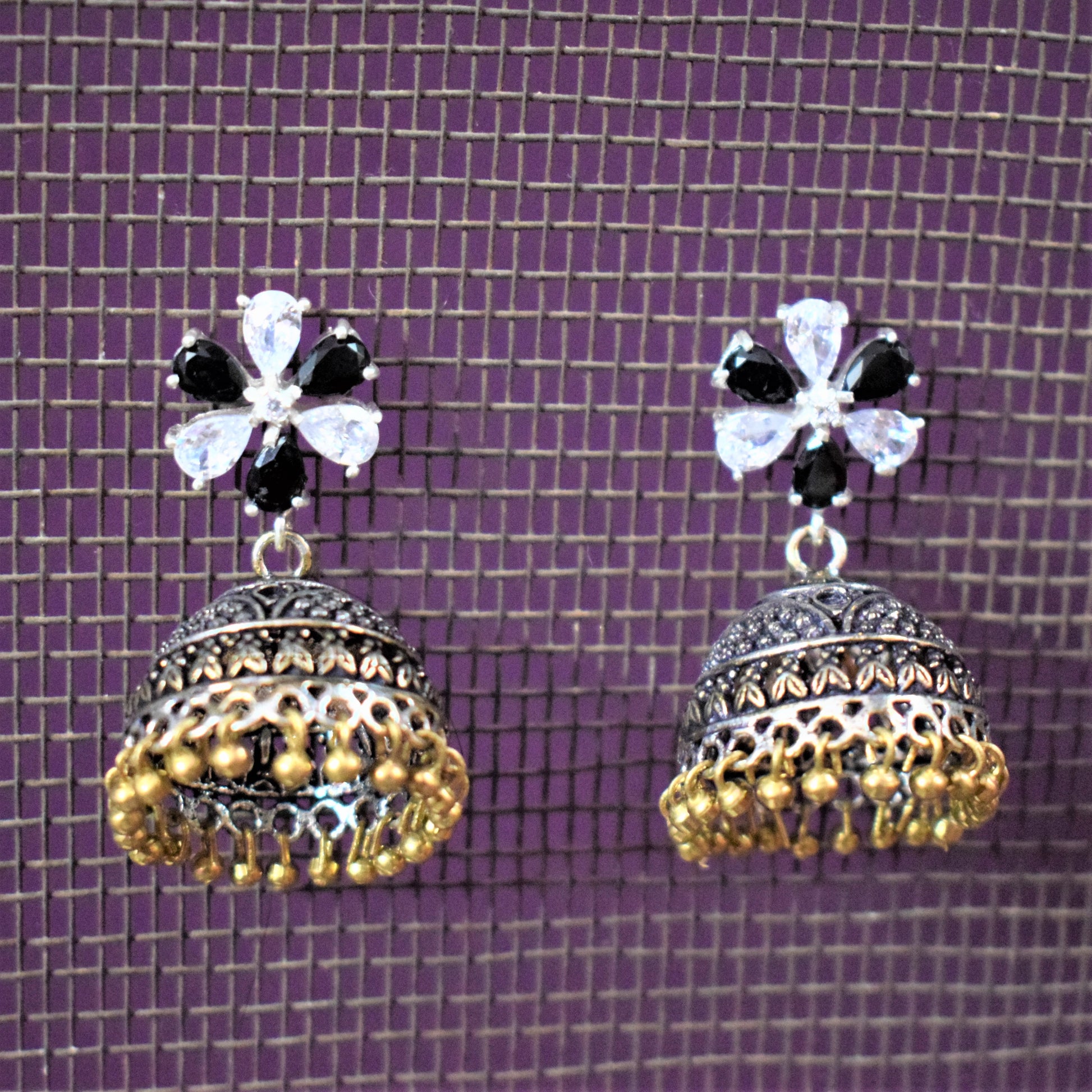 Crystal Floral Stud German Silver Dual Tone Jhumki - GlitterGleam