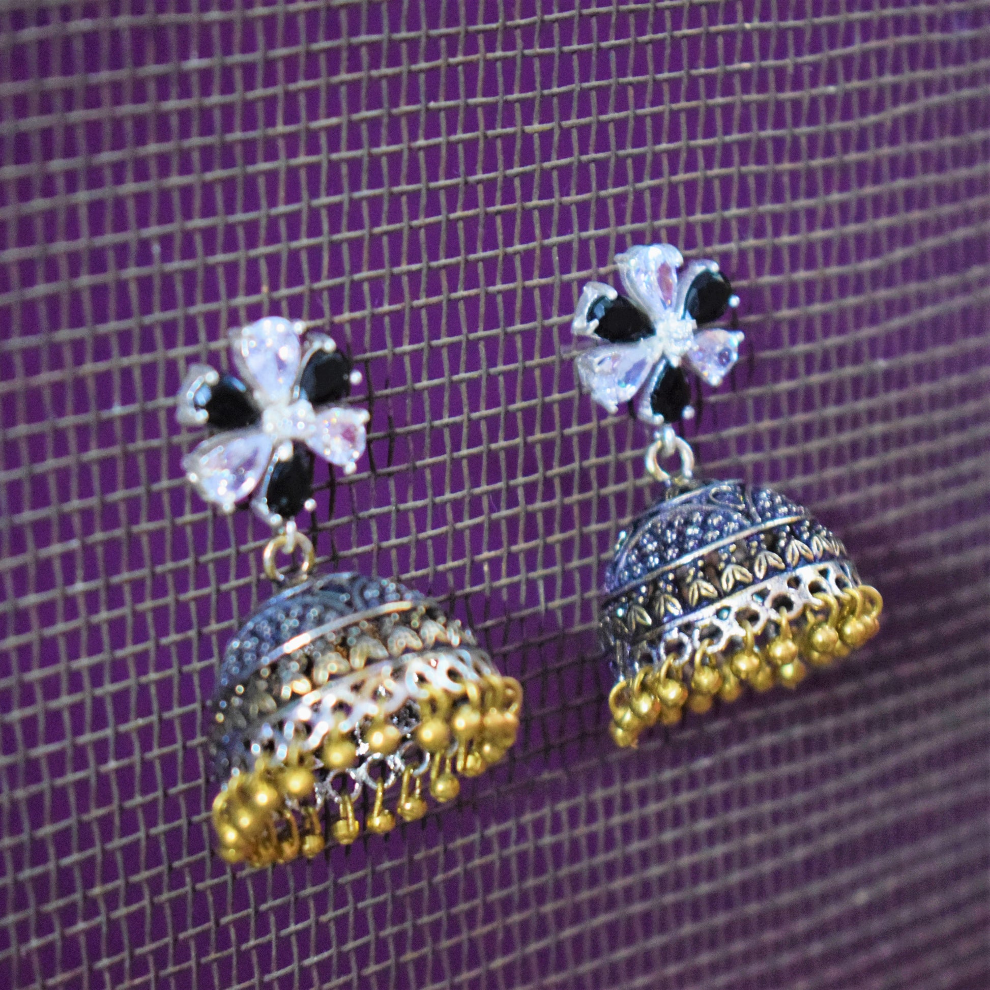 Crystal Floral Stud German Silver Dual Tone Jhumki - GlitterGleam