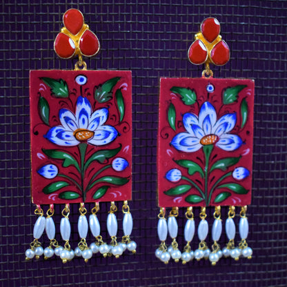 Artistic Hand-Painted Gemstone and Pearl Earrings - GlitterGleam