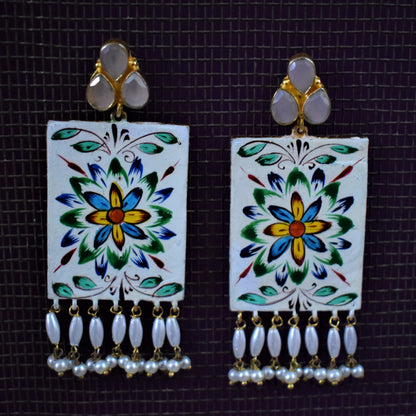 Artistic Hand-Painted Gemstone and Pearl Earrings - GlitterGleam