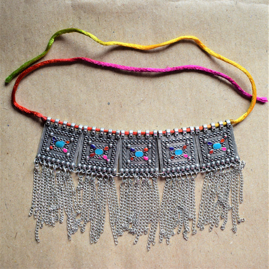 Silver Afghani Choker Necklace with Chain Tassels - GlitterGleam