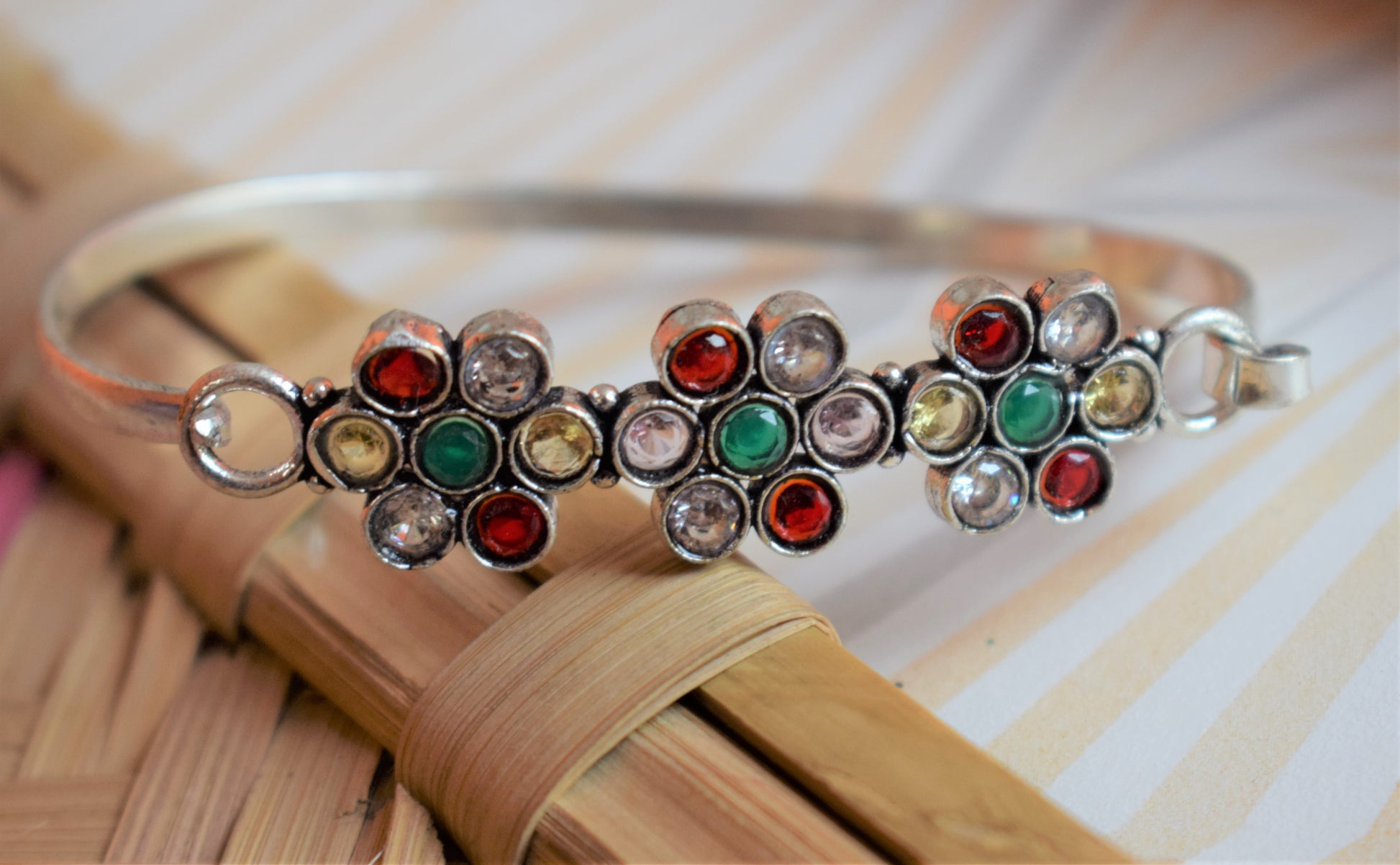 Designer Gemstone and Crystal Kada Bracelet - GlitterGleam