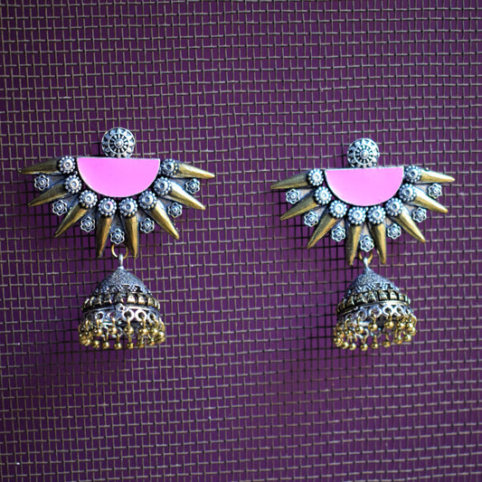 German Silver Sun Jhumki Pink Earring - GlitterGleam