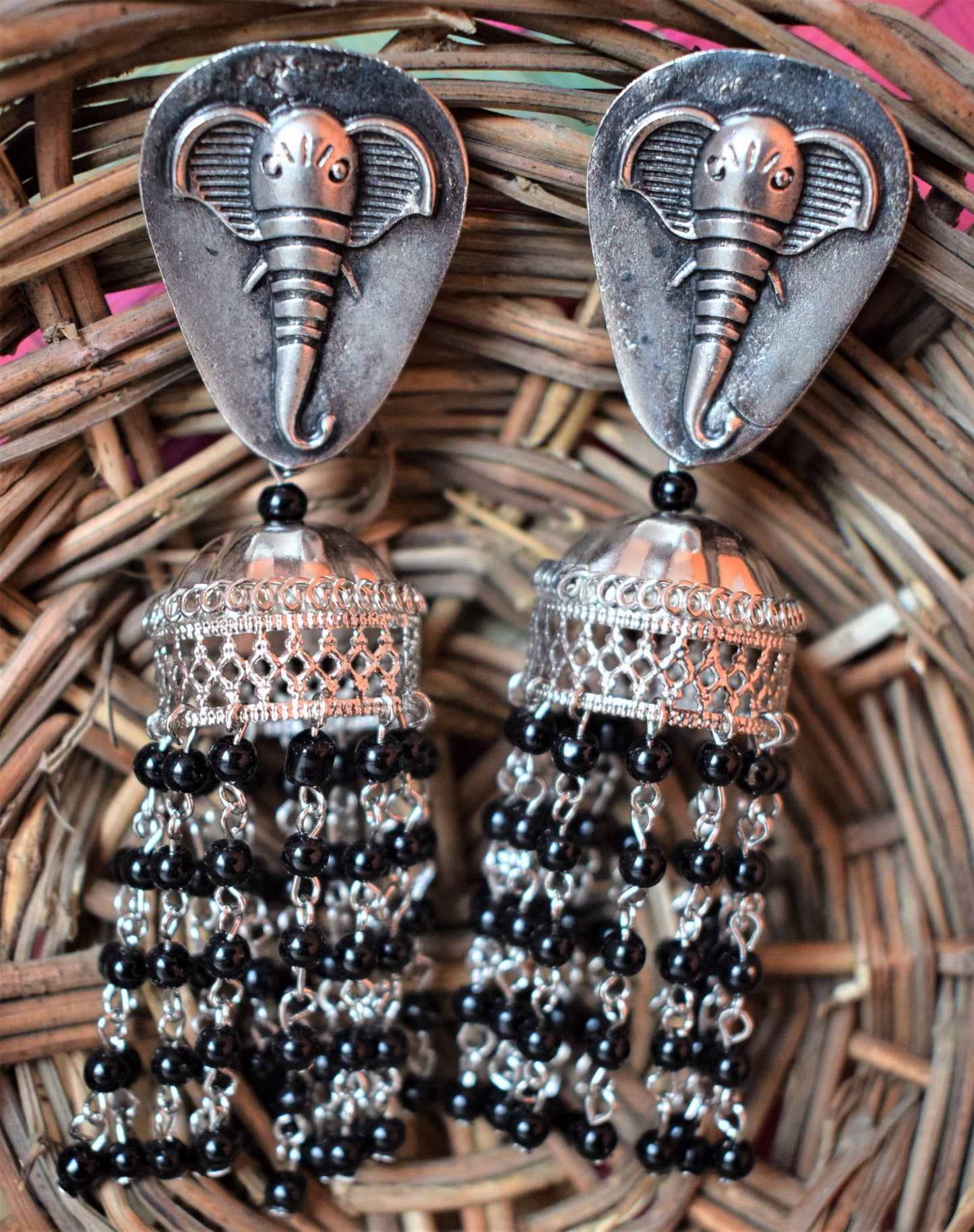 German Silver Elephant Bead Tassel Earring - GlitterGleam