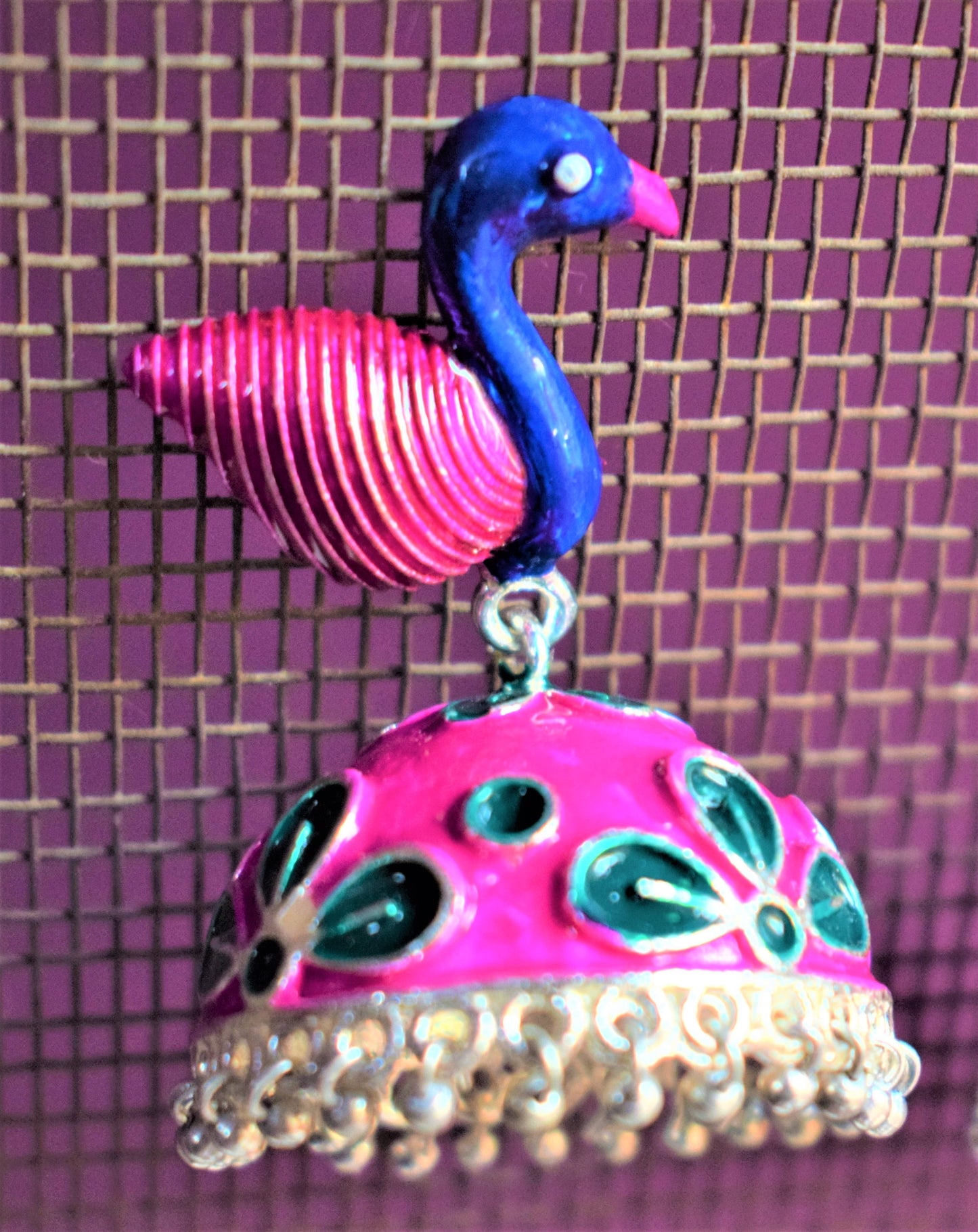 Pink and Blue Meenakari Peacock Carved German Silver Jhumki - GlitterGleam