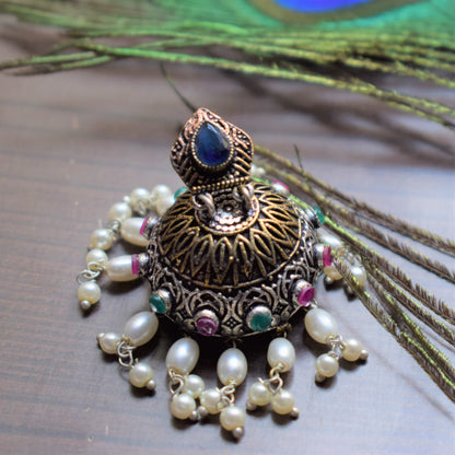 Ruby Emerald Studded German Silver Pearl Jhumki - GlitterGleam