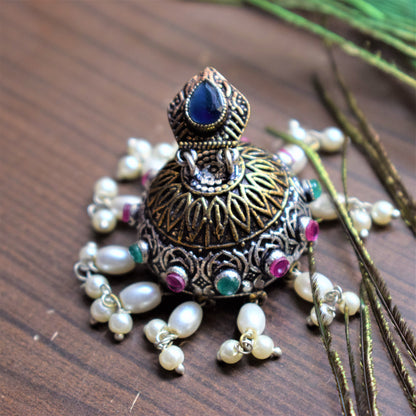 Ruby Emerald Studded German Silver Pearl Jhumki - GlitterGleam