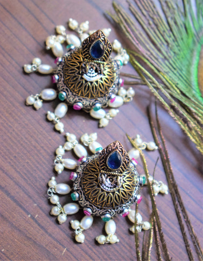 Ruby Emerald Studded German Silver Pearl Jhumki - GlitterGleam