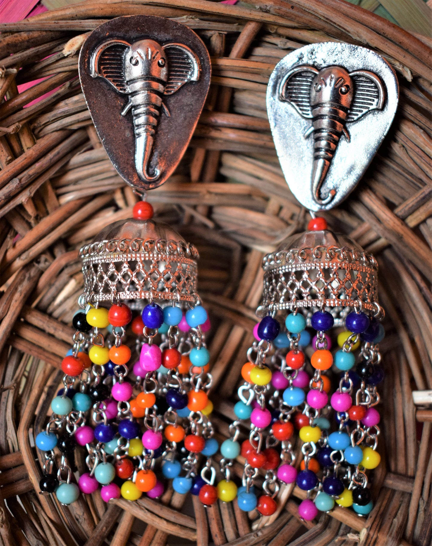 German Silver Elephant Bead Tassel Earring - GlitterGleam