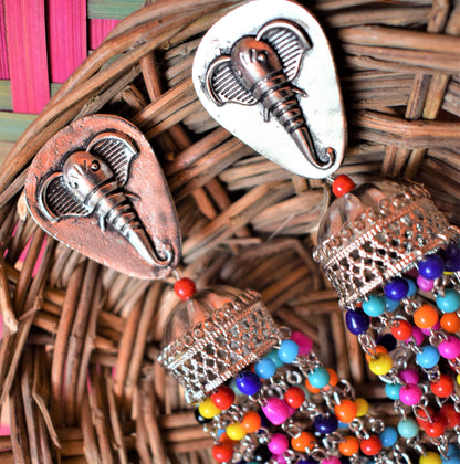 German Silver Elephant Bead Tassel Earring - GlitterGleam