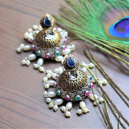 Ruby Emerald Studded German Silver Pearl Jhumki - GlitterGleam