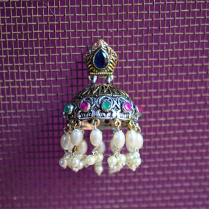 Ruby Emerald Studded German Silver Pearl Jhumki - GlitterGleam