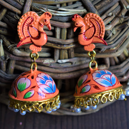 Orange Hand-Painted Peacock Stud Golden Jhumki - GlitterGleam