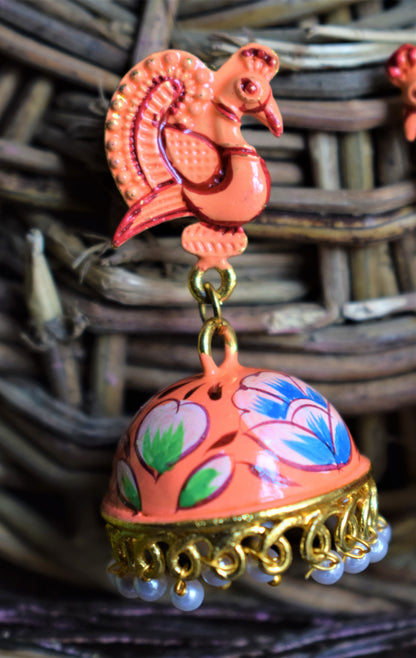 Orange Hand-Painted Peacock Stud Golden Jhumki - GlitterGleam