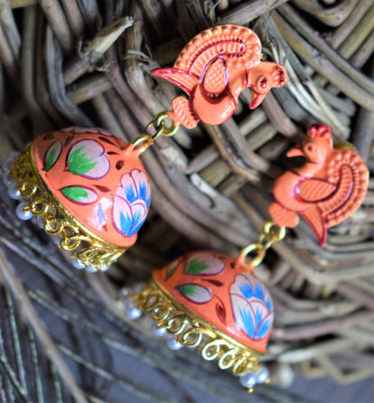 Orange Hand-Painted Peacock Stud Golden Jhumki - GlitterGleam