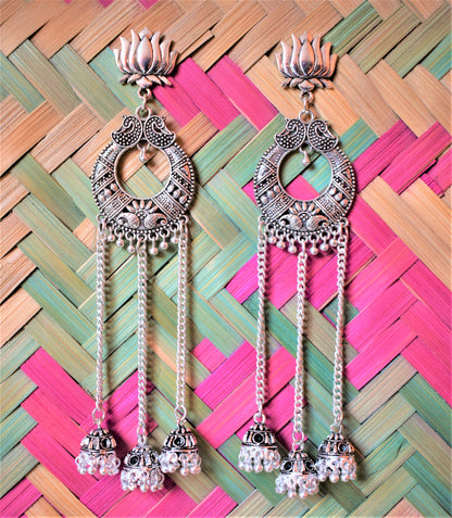 Silver Oxidised Lotus Chandbali Jhumki Tassel Earring - GlitterGleam