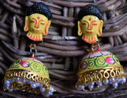 Yellow Hand-Painted Buddha Stud Golden Jhumki - GlitterGleam