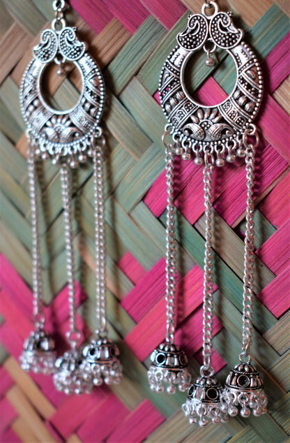 Silver Oxidised Lotus Chandbali Jhumki Tassel Earring - GlitterGleam