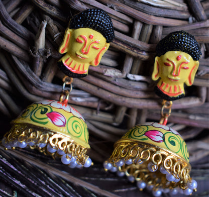 Yellow Hand-Painted Buddha Stud Golden Jhumki - GlitterGleam