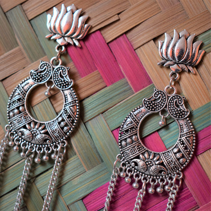 Silver Oxidised Lotus Chandbali Jhumki Tassel Earring - GlitterGleam