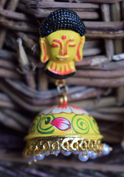 Yellow Hand-Painted Buddha Stud Golden Jhumki - GlitterGleam