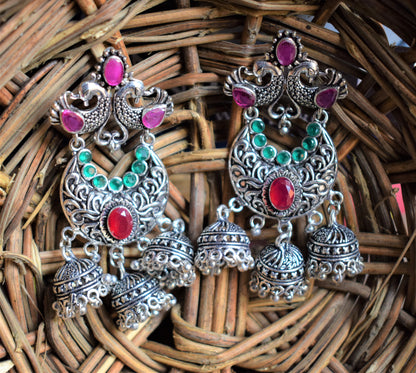 Designer Crystal and Gemstone Multiple Jhumki German Silver Oxidised Chandbali - GlitterGleam