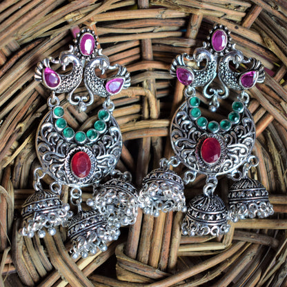 Designer Crystal and Gemstone Multiple Jhumki German Silver Oxidised Chandbali - GlitterGleam