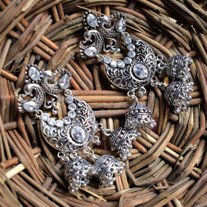 Designer Crystal and Gemstone Multiple Jhumki German Silver Oxidised Chandbali - GlitterGleam