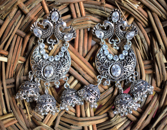 Designer Crystal and Gemstone Multiple Jhumki German Silver Oxidised Chandbali - GlitterGleam