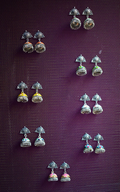 Hand-Painted Jhumki with German Silver Studs - GlitterGleam