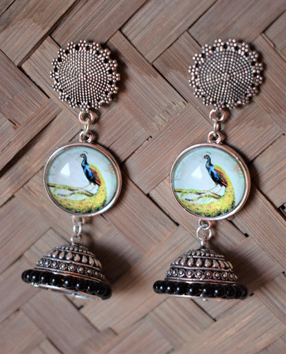 Silver Oxidised Picture Earrings with Jhumka - GlitterGleam