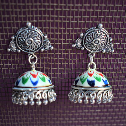 Hand-Painted Jhumki with German Silver Studs - GlitterGleam
