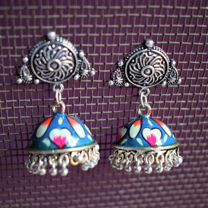 Hand-Painted Jhumki with German Silver Studs - GlitterGleam