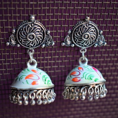 Hand-Painted Jhumki with German Silver Studs - GlitterGleam