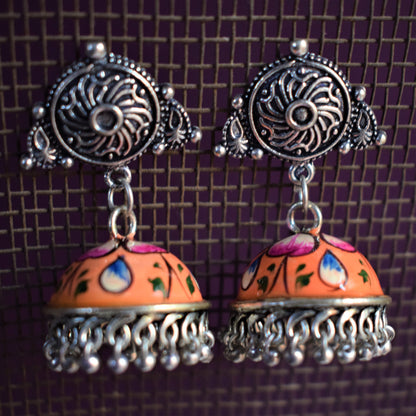 Hand-Painted Jhumki with German Silver Studs - GlitterGleam
