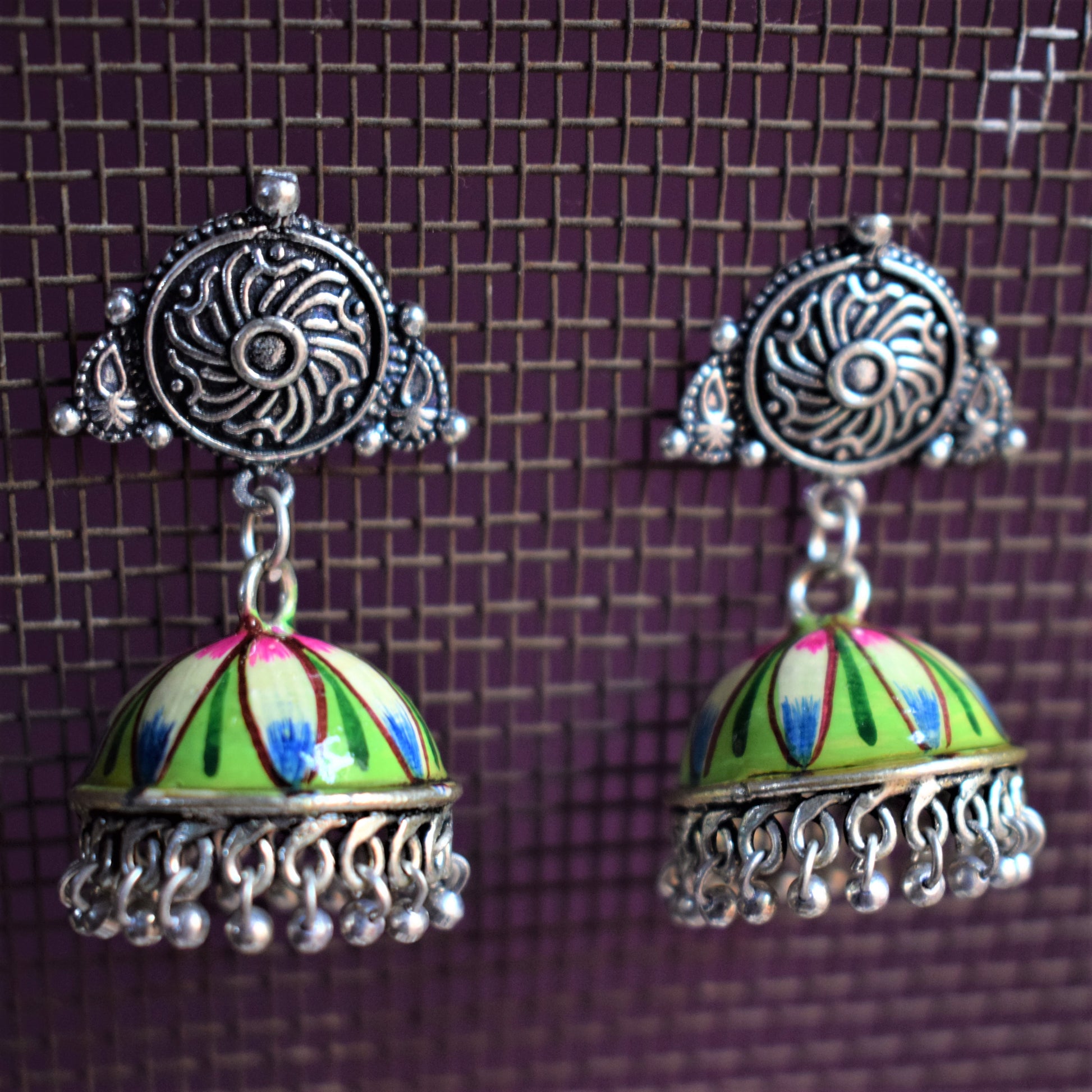 Hand-Painted Jhumki with German Silver Studs - GlitterGleam