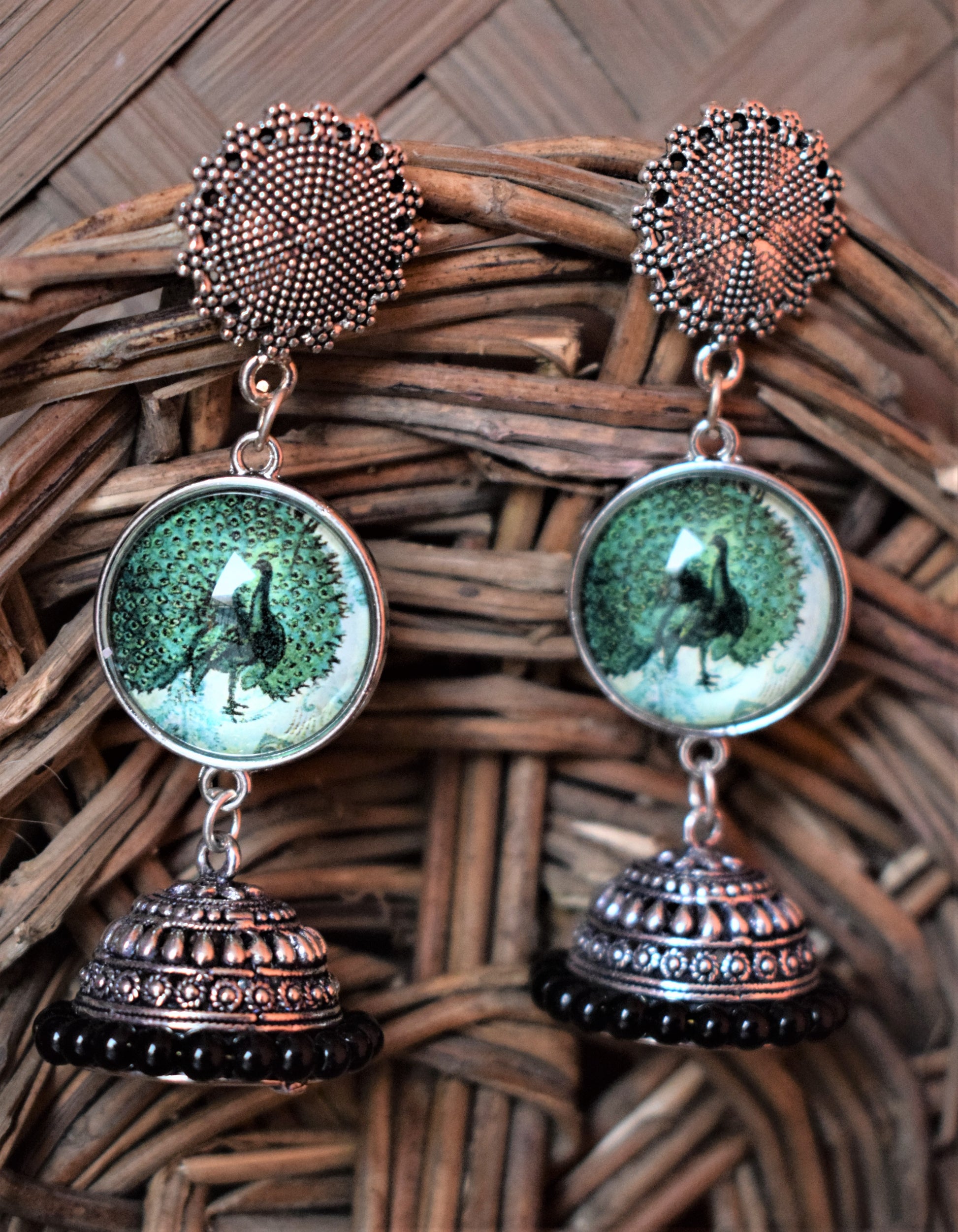 Silver Oxidised Picture Earrings with Jhumka - GlitterGleam