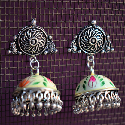 Hand-Painted Jhumki with German Silver Studs - GlitterGleam