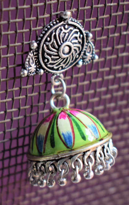 Hand-Painted Jhumki with German Silver Studs - GlitterGleam