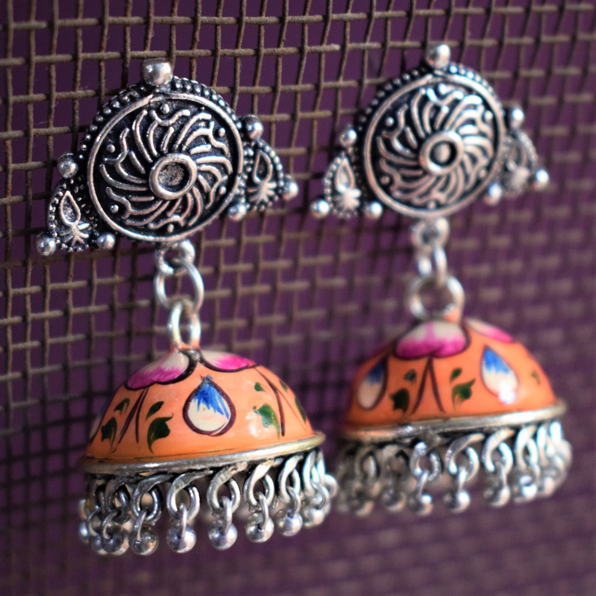 Hand-Painted Jhumki with German Silver Studs - GlitterGleam