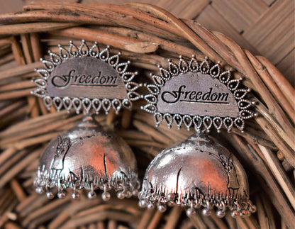 'freedom' German Silver Scripted Jhumki - GlitterGleam