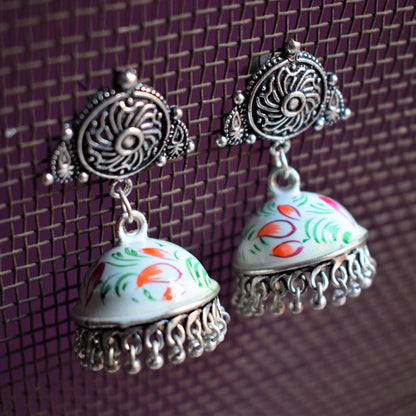 Hand-Painted Jhumki with German Silver Studs - GlitterGleam
