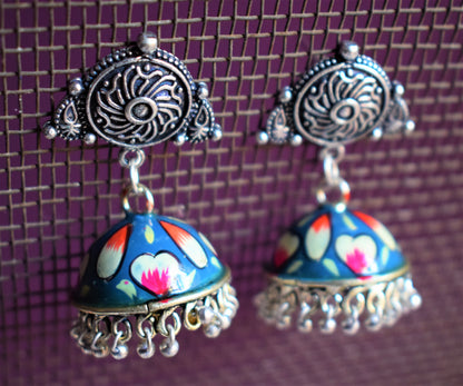 Hand-Painted Jhumki with German Silver Studs - GlitterGleam