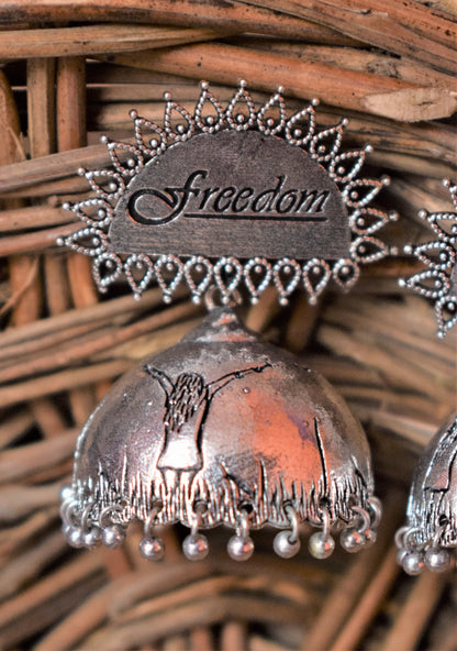 'freedom' German Silver Scripted Jhumki - GlitterGleam