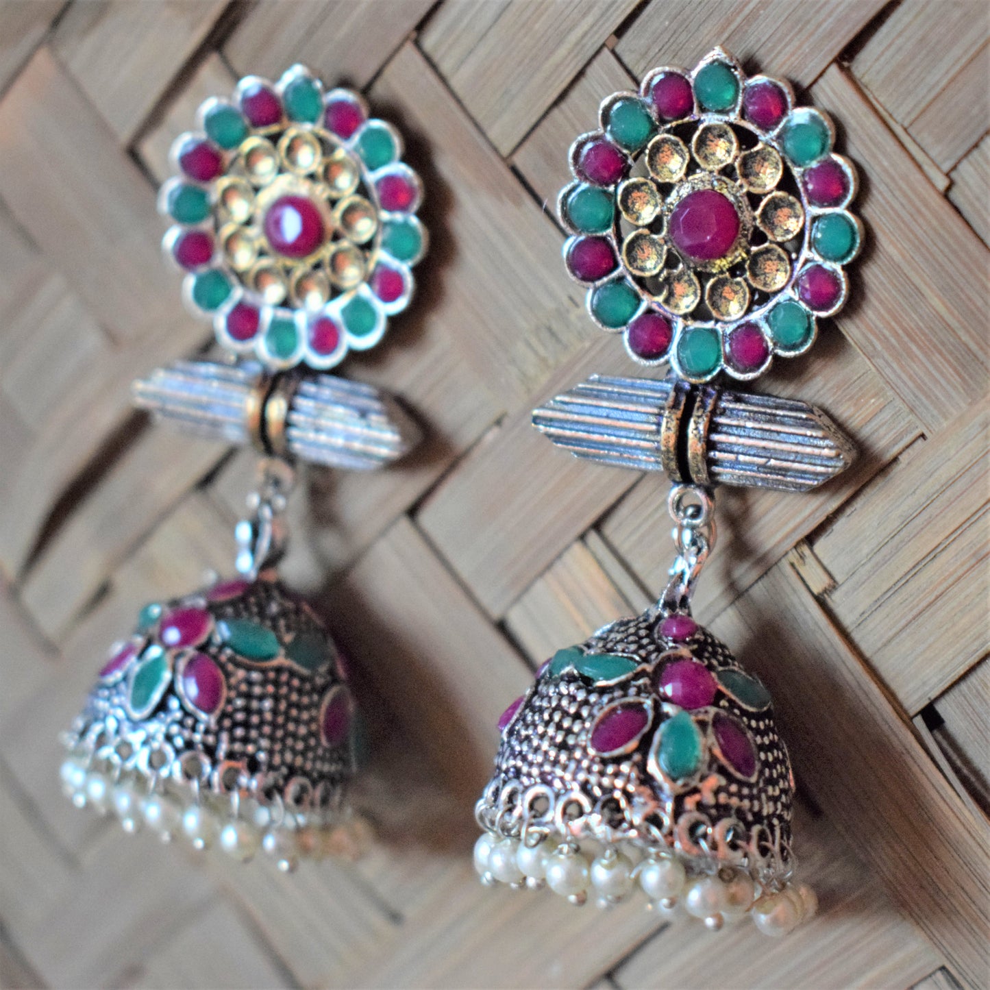 Designer Floral Gemstone Jhumka German Silver Earring - GlitterGleam