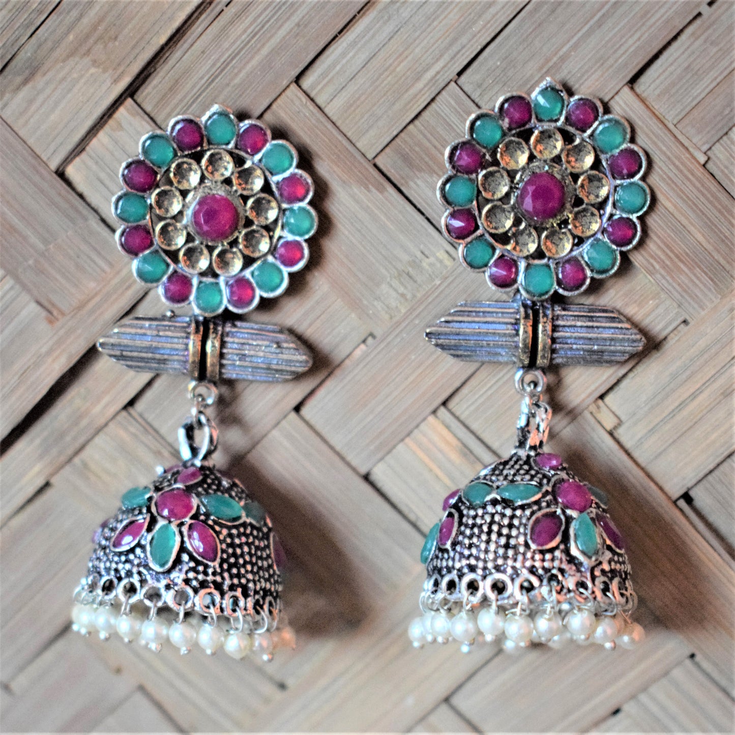 Designer Floral Gemstone Jhumka German Silver Earring - GlitterGleam